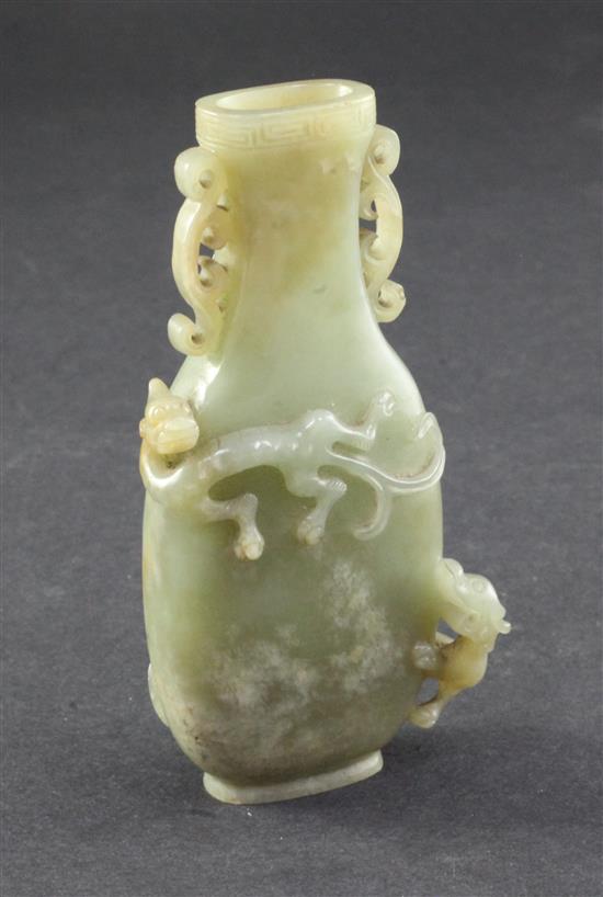 A Chinese archaistic celadon jade vase, Qianlong / Jiaqing period, 11.4cm